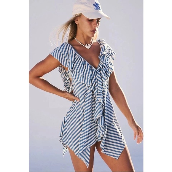 FP Beach Soft Blue Striped Tunic/Dress/Coverup. Open Back Detail, Ruffle Front. - Picture 1 of 16